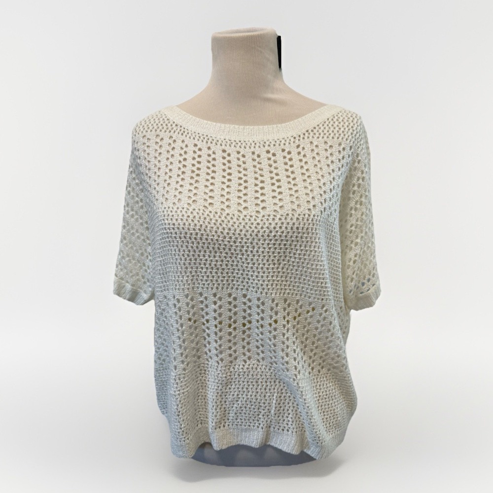 3/4 Sleeve Knit Top‎ Lightweight Crewneck Crochet Shirt Medium Cream